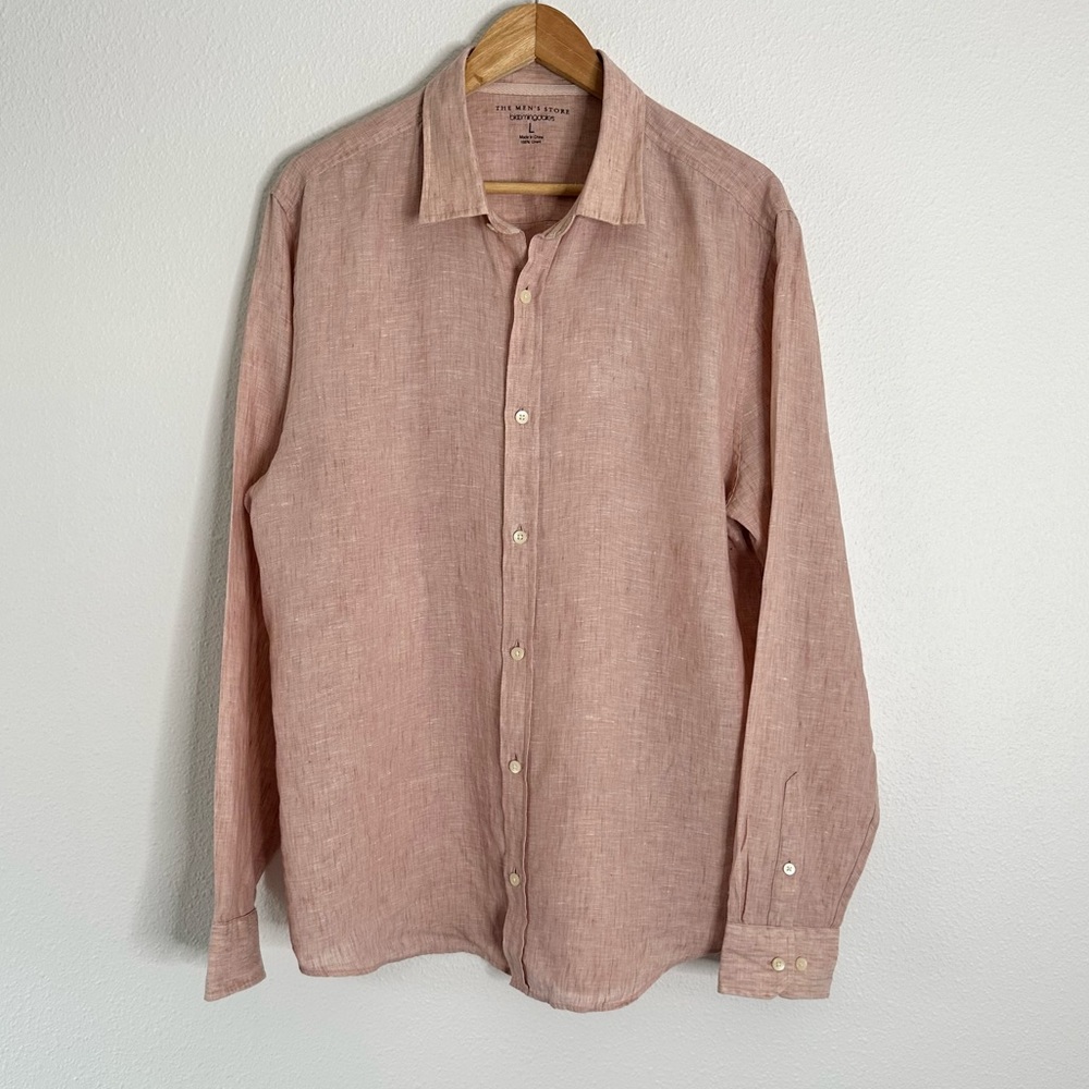 Bloomingdales Shirt Men's Large Mauve Button Up 100% Linen Long Sleeve Casual